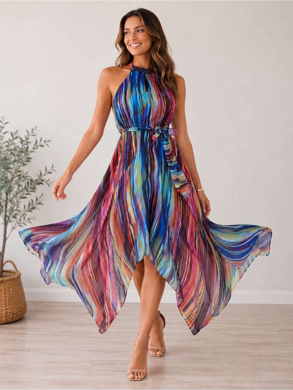 Sanctuary Halter Dress Stripes in Rich Shades of Mauves and Blues Knit Belted XS